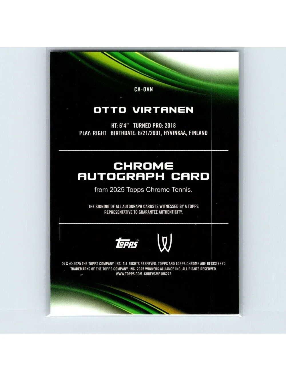 2025 Topps Chrome Tennis Sapphire Otto Virtanen #CA-OVN Chrome Autographs #/25